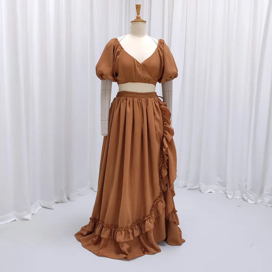 Soft Cotton V-neck Short Sleeved Tied Top With Ruffle Skirt Maternity Dresses For Photo Shoot Photography Dress For Women