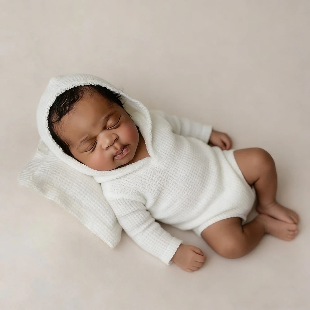 Newborn Baby White Waffle Hooded Romper Costume Wrap Bodysuit