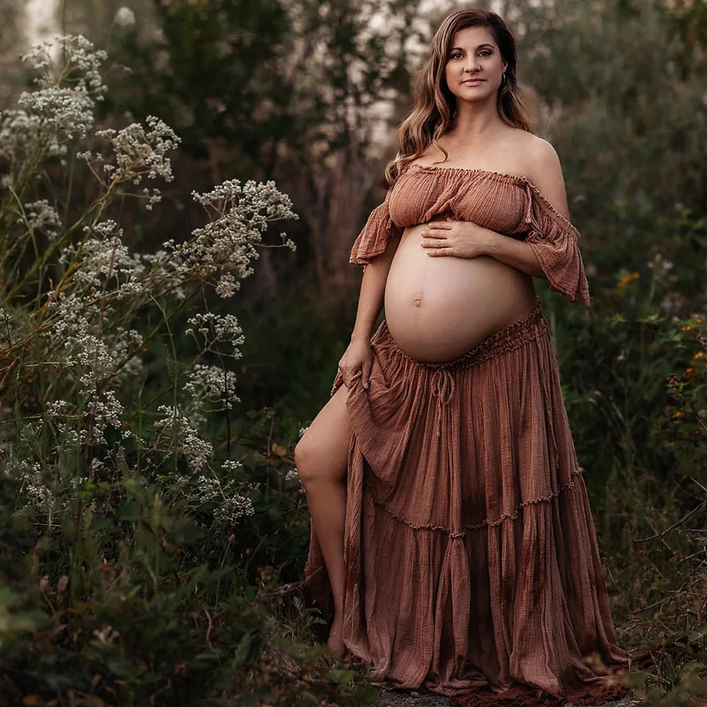 Bohemian Photo Shooting Pregnancy Dress Comfortable Soft Linen-Cotton Set For Pregnant Women Photos Maternity Two-Piece Dress