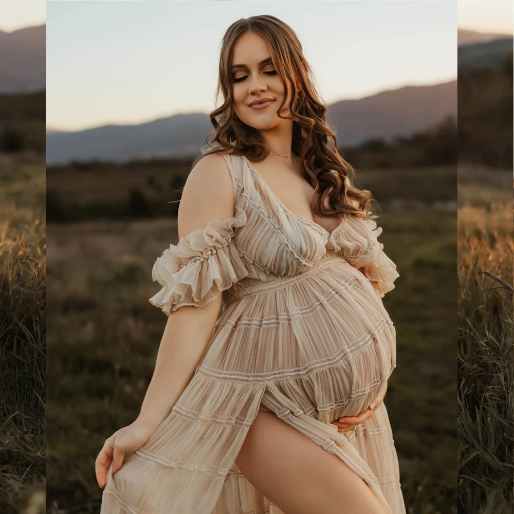 Maternity Elegant Pleated Chiffon V-neck Short Sleeved Dress Baby Showers