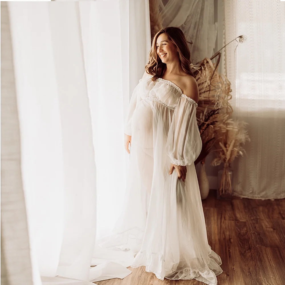  Elegant Bridal Chiffon Maternity Dresses Sexy Transparent Long Sleeves Dress Photo Shoot Photography Dress For Women