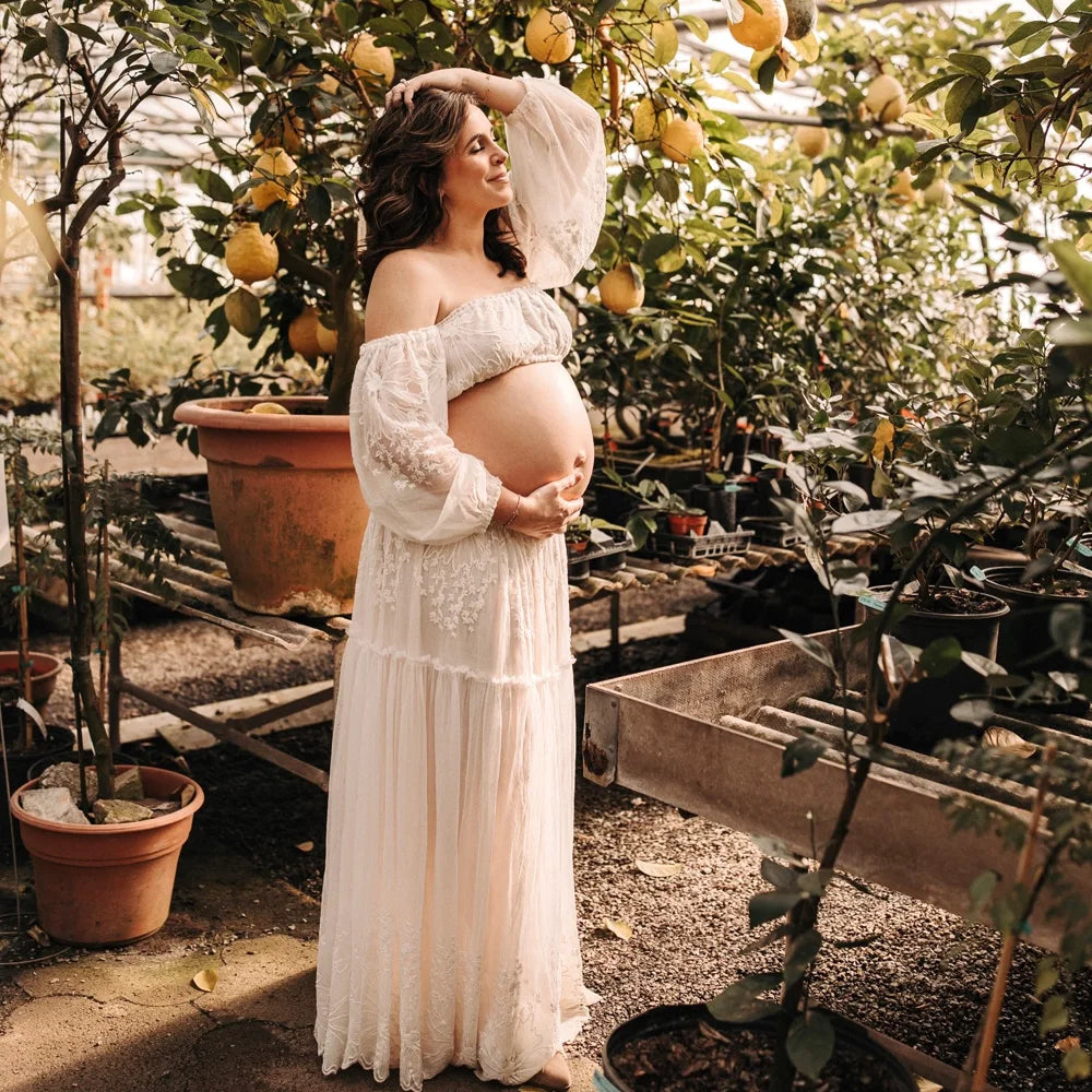 Bohemian Photo Shooting Pregnancy Dress Elegant Gowns Soft Encrypted Mesh Embroidery Lace Flowers Off Shoulder Dresses