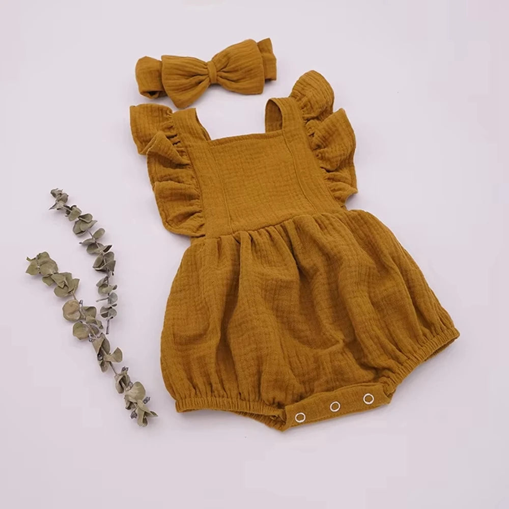 Personalized Baby Girl Muslin Romper Ruffle Shoulders Custom Name Embroidery Bow Headband