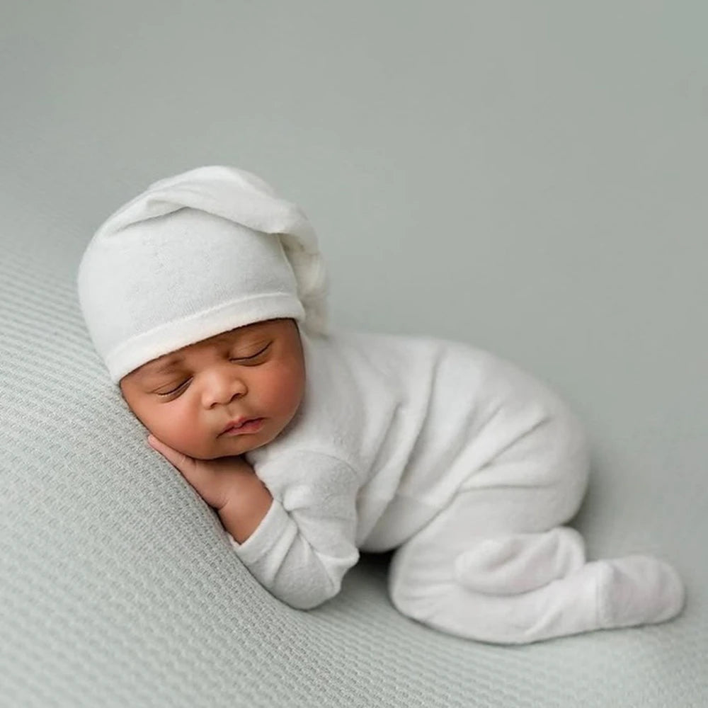 Newborn Baby White Long Sleeve Footed Romper Hat Costume