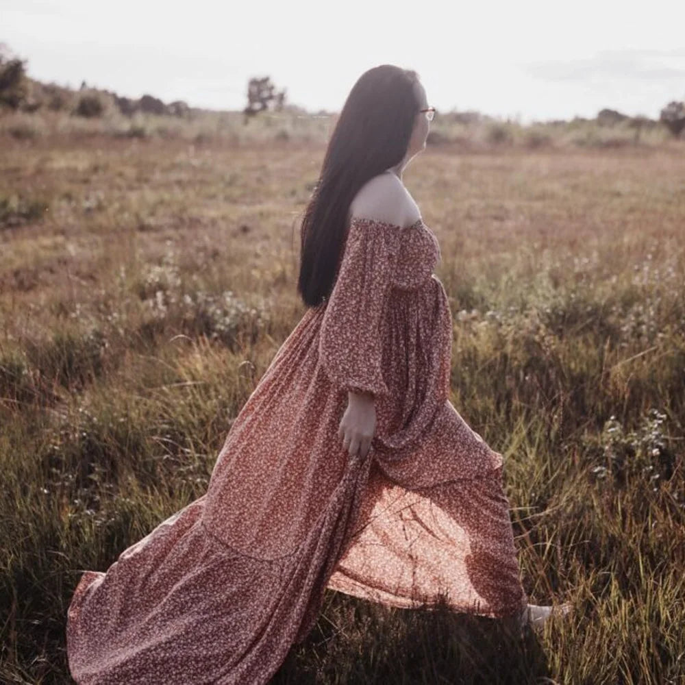 Bohemian Photo Shooting Pregnancy Dress Off Shoulder Long Sleeved Floral Dress For Women Maternity Dress For Photo Shoot