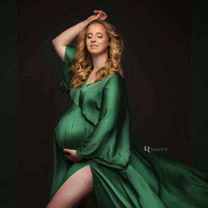 Maternity Elegant Soft Satin Chiffon Long Sleeved Dress Bohemian
