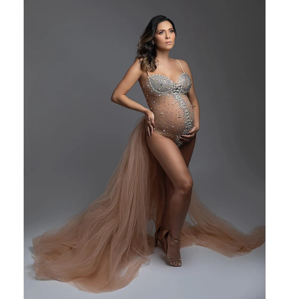 Maternity Neck Rhinestones Pearls Luxurious Stretch Jumpsuits Dress