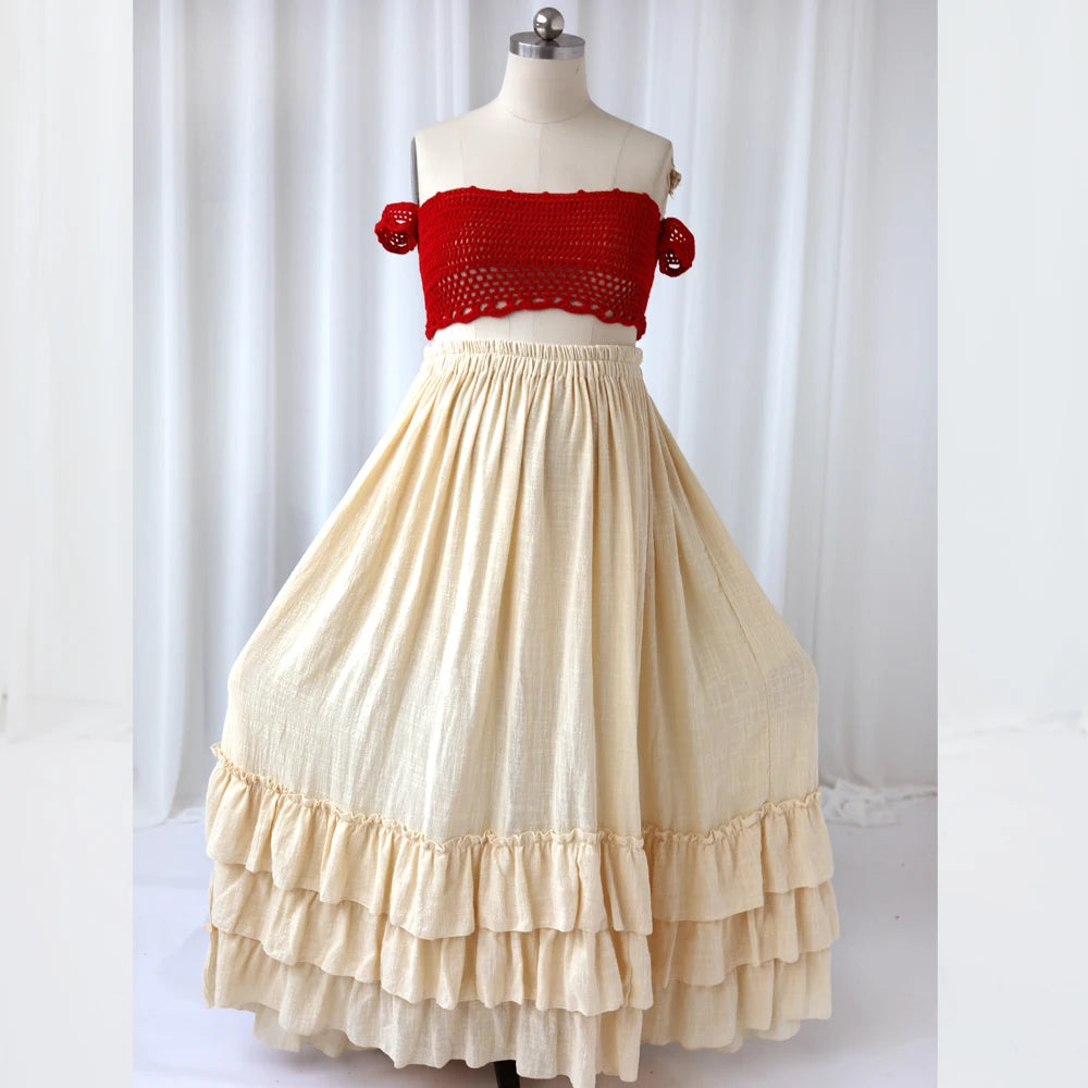 Maternity Knitted Bra Linen Cotton Three-layer Lace Boho Style Dress Two-piece Set