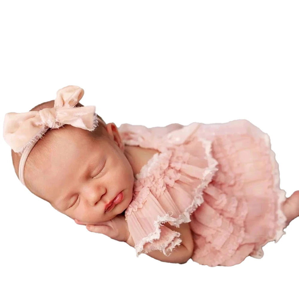 Newborn Pink Ruffled Chiffon Baby Photo Costume Soft Newborn Set