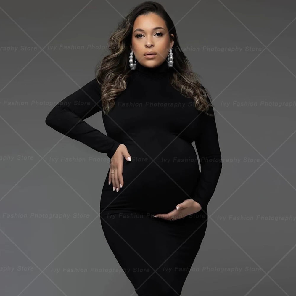 Maternity Elegant Elastic High Neck Slim Fit Dress