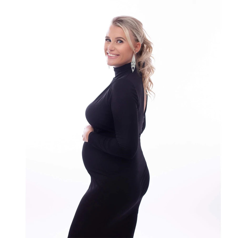 Maternity Fashionable Black Stretch Cotton Floor Length Dress Baby Showers Pregnancyphoto