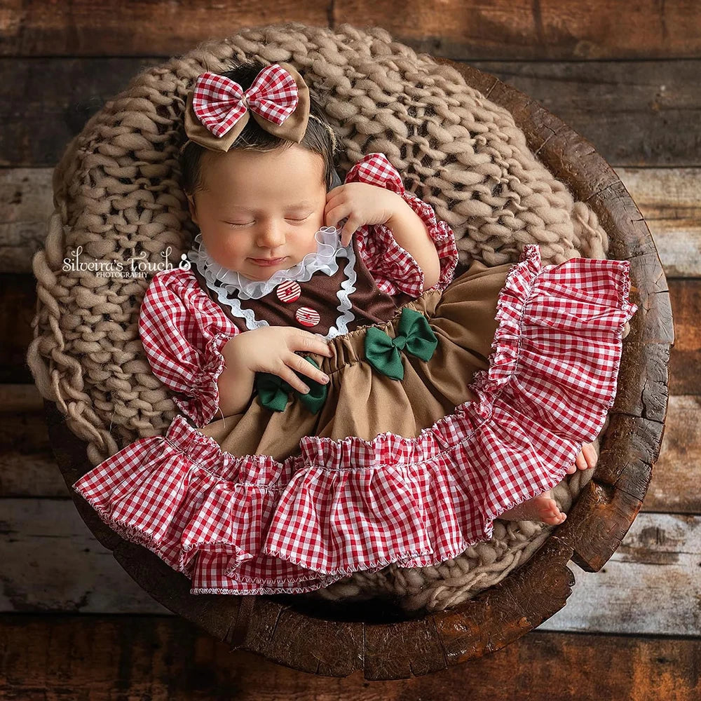 Newborn Christmas Gingerbread Girl Baby Dress Set Photo Studio Holiday Costume Shower Cloth