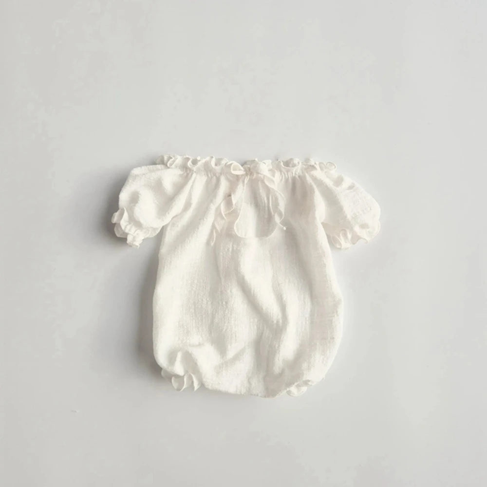 Newborn Romper Off Shoulder Back Cutout Ruffle Detail Baby White