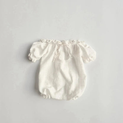 Newborn Romper Off Shoulder Back Cutout Ruffle Detail Baby White