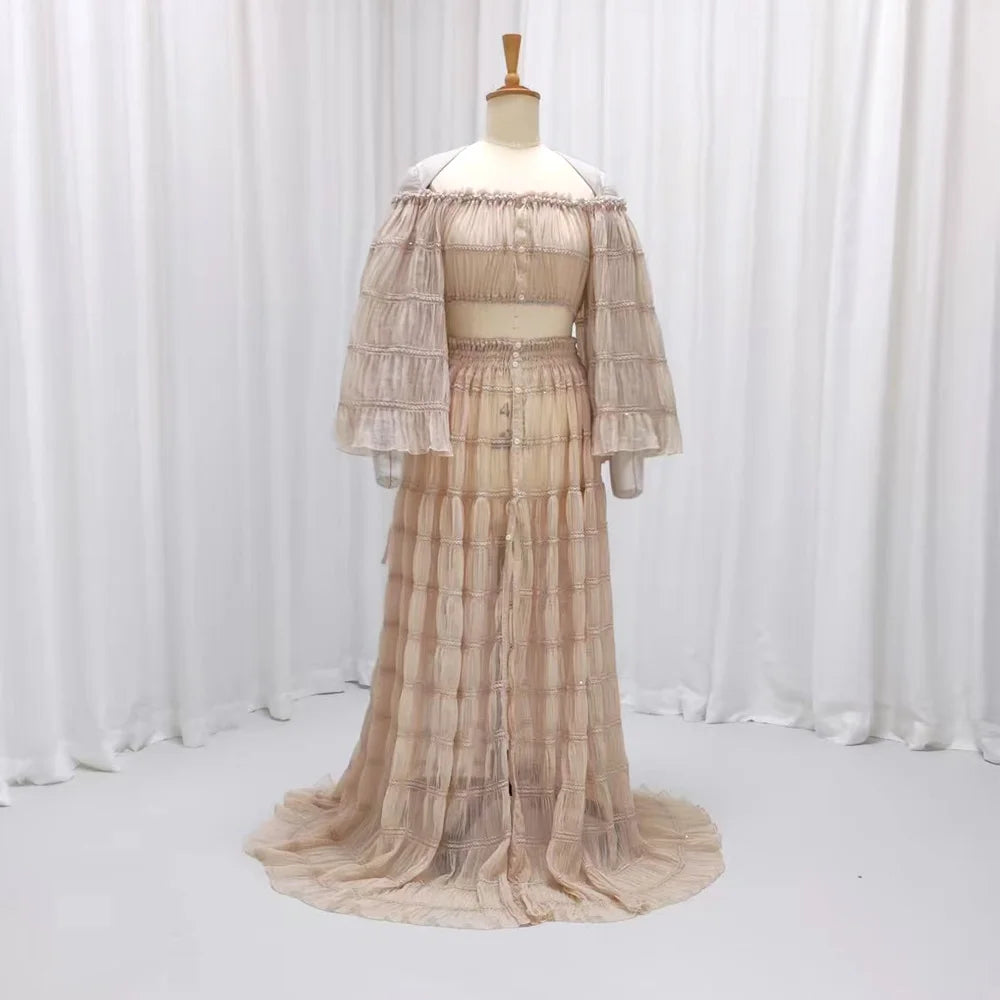 Bohemian Photo Shooting Pregnancy Dress Folded Chiffon Two-Piece Set Button up Dress Elegant Dress in Photography Studio