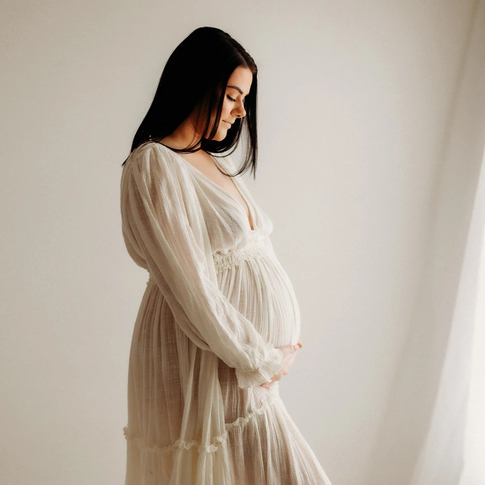 Maternity Linen Cotton Elegant V-neck Baby Showers Dress