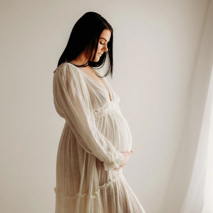 Maternity Linen Cotton Elegant V-neck Baby Showers Dress