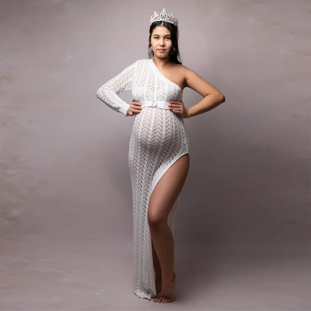 Maternity High Slit Knitted Dress One Shoulder Long Skirt
