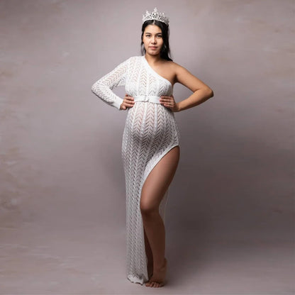 Maternity High Slit Knitted Dress One Shoulder Long Skirt