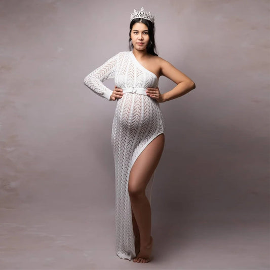 Maternity High Slit Knitted Dress One Shoulder Long Skirt