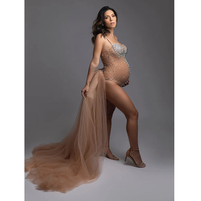 Maternity Neck Rhinestones Pearls Luxurious Stretch Jumpsuits Dress