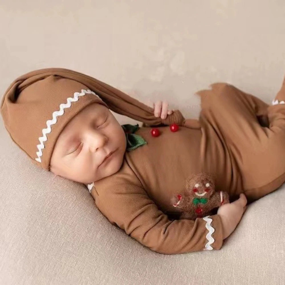 Newborn Christmas Gingerbread Long Sleeve Romper Hat Set Baby Holiday Costume Boutique