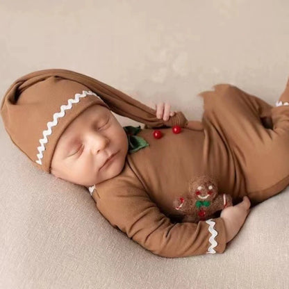 Newborn Christmas Gingerbread Long Sleeve Romper Hat Set Baby Holiday Costume Boutique