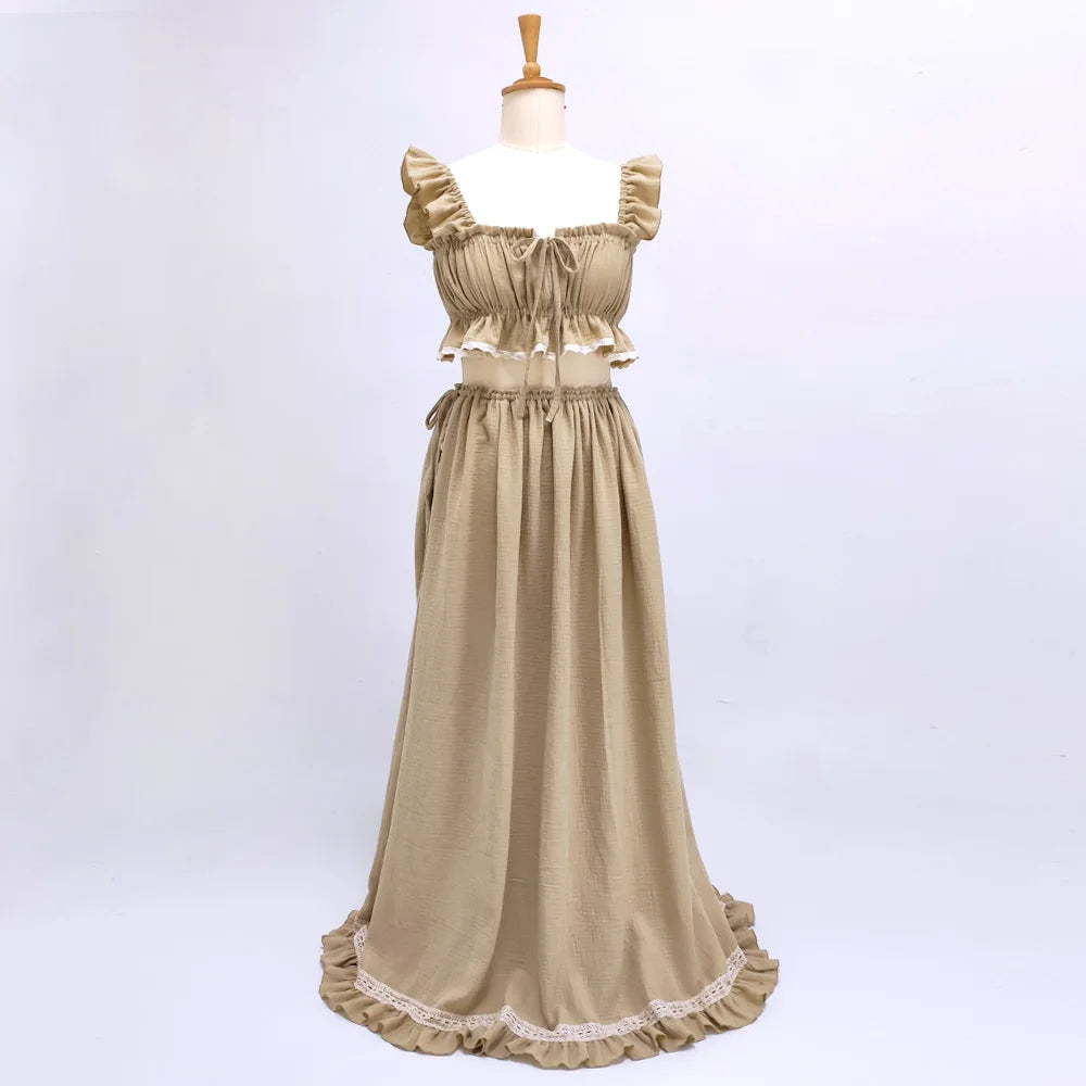 Cotton Suspender Two-Piece Maternity Photoshoot Dress Set - Baby Shower & Photography