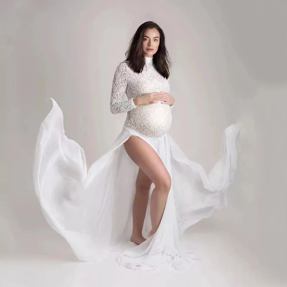 Maternity Dress Stretchy Lace Bodysuit Removable Chiffon Sides Slit Skirt