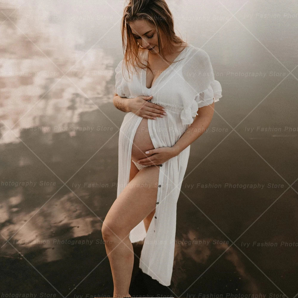 Maternity Waist Drawstring Boho Linen Cotton Dress