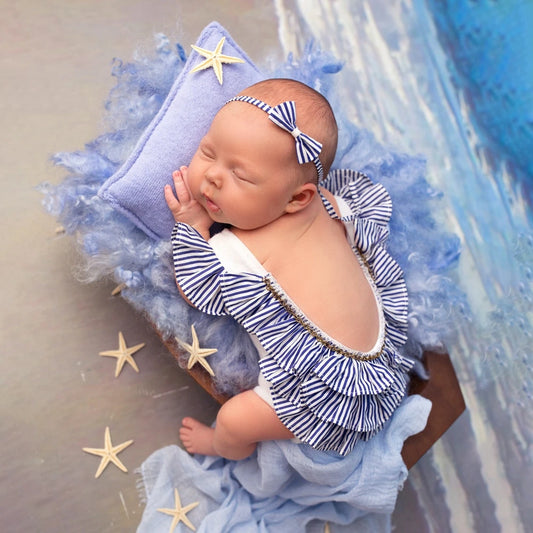 Blue White Stripe Ruffle Romper Baby Off Shoulder Bodysuit Girl