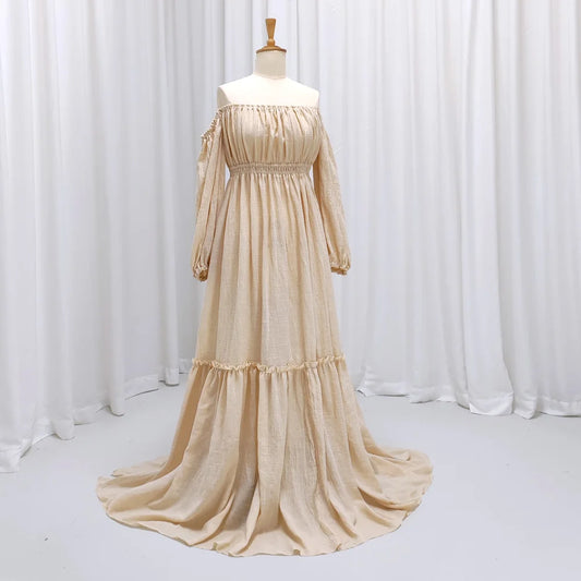 Bohemian Photo Shooting Pregnancy Dress Linen Cotton Off Shoulder Long Sleeved Floor Length Dress Flying Dress For Photography