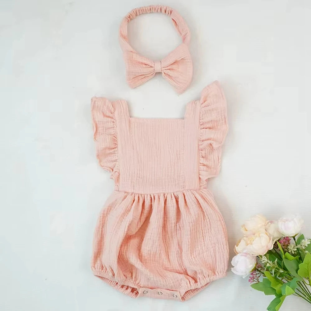 Personalized Baby Girl Muslin Romper Ruffle Shoulders Custom Name Embroidery Bow Headband