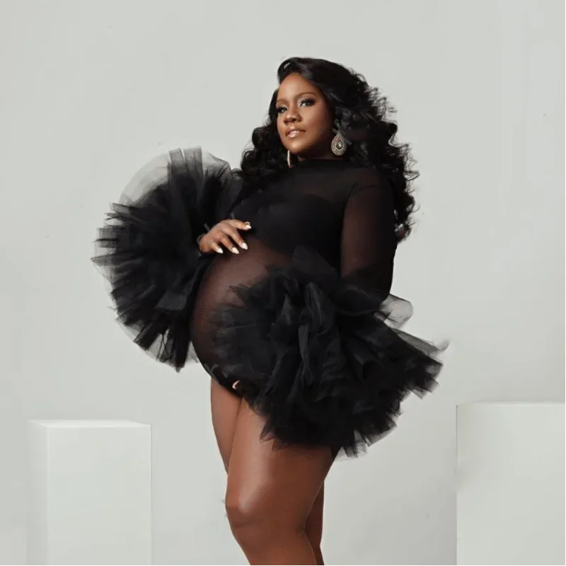 Maternity Bodysuit Puffy Ruffled Sleeve Black See Thru Tulle Dress