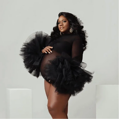 Maternity Bodysuit Puffy Ruffled Sleeve Black See Thru Tulle Dress