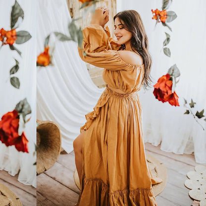 Maternity Baby Showers Cotton One Shoulder Long Sleeved Two-piece Dress