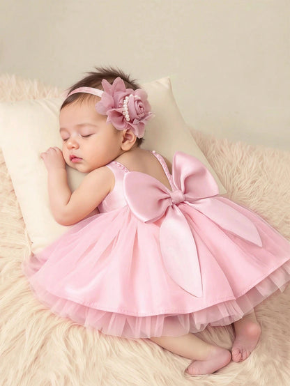 2pcs Baby Girl Pearl Style Dress Rose Flower Headband Newborn Set