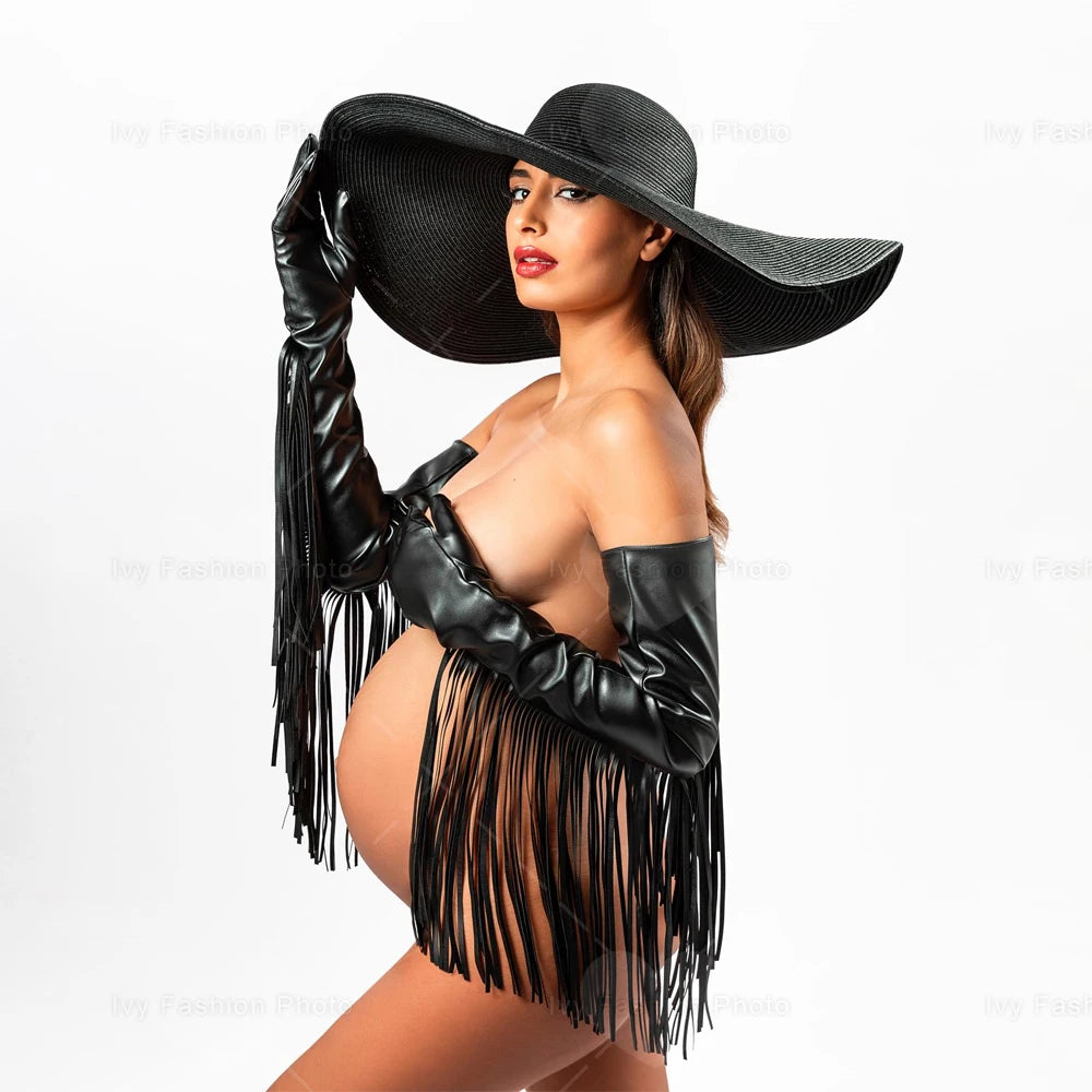 Maternity Punk Style Extra Long Tassel Leather Gloves Black Hat Gown