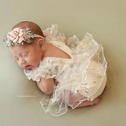 Newborn Baby Girl Floral Embroidered Tulle Tutu Dress Matching Flower Headband Newborn Set