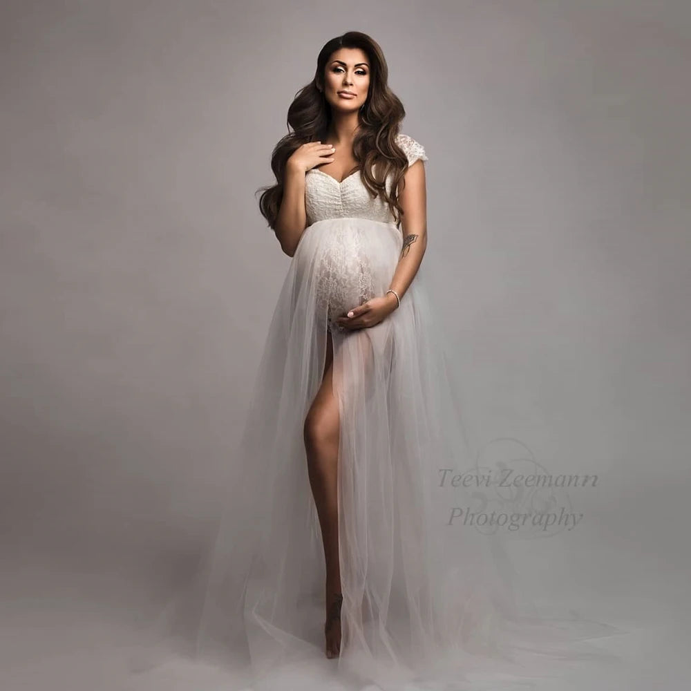 Maternity Bohemian Lace Bodysuit Tulle Long Dress Boho Style