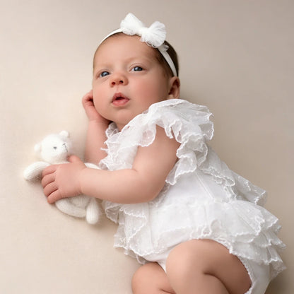Baby Girl White Ruffle Romper Bow Headband Tulle Layered
