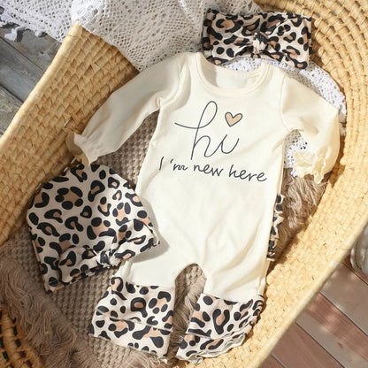 Newborn Baby Girl Romper Set Leopard Print Ribbed Cotton Headband Hi Im New Here
