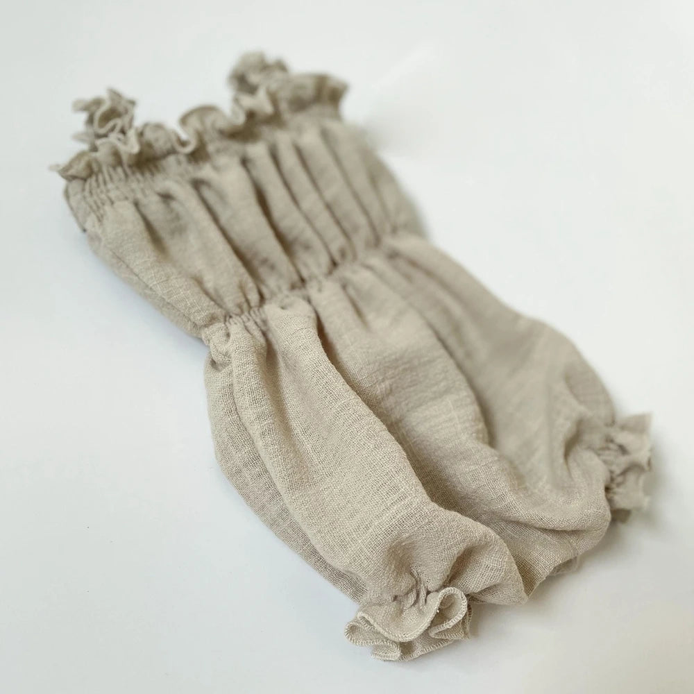Baby Girl Beige Linen Cotton Off Shoulder Ruffle Puff Sleeve Romper