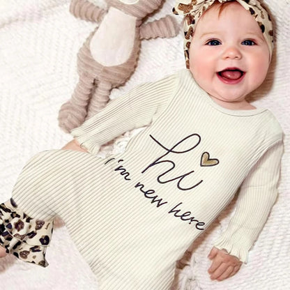 Newborn Baby Girl Romper Set Leopard Print Ribbed Cotton Headband Hi Im New Here