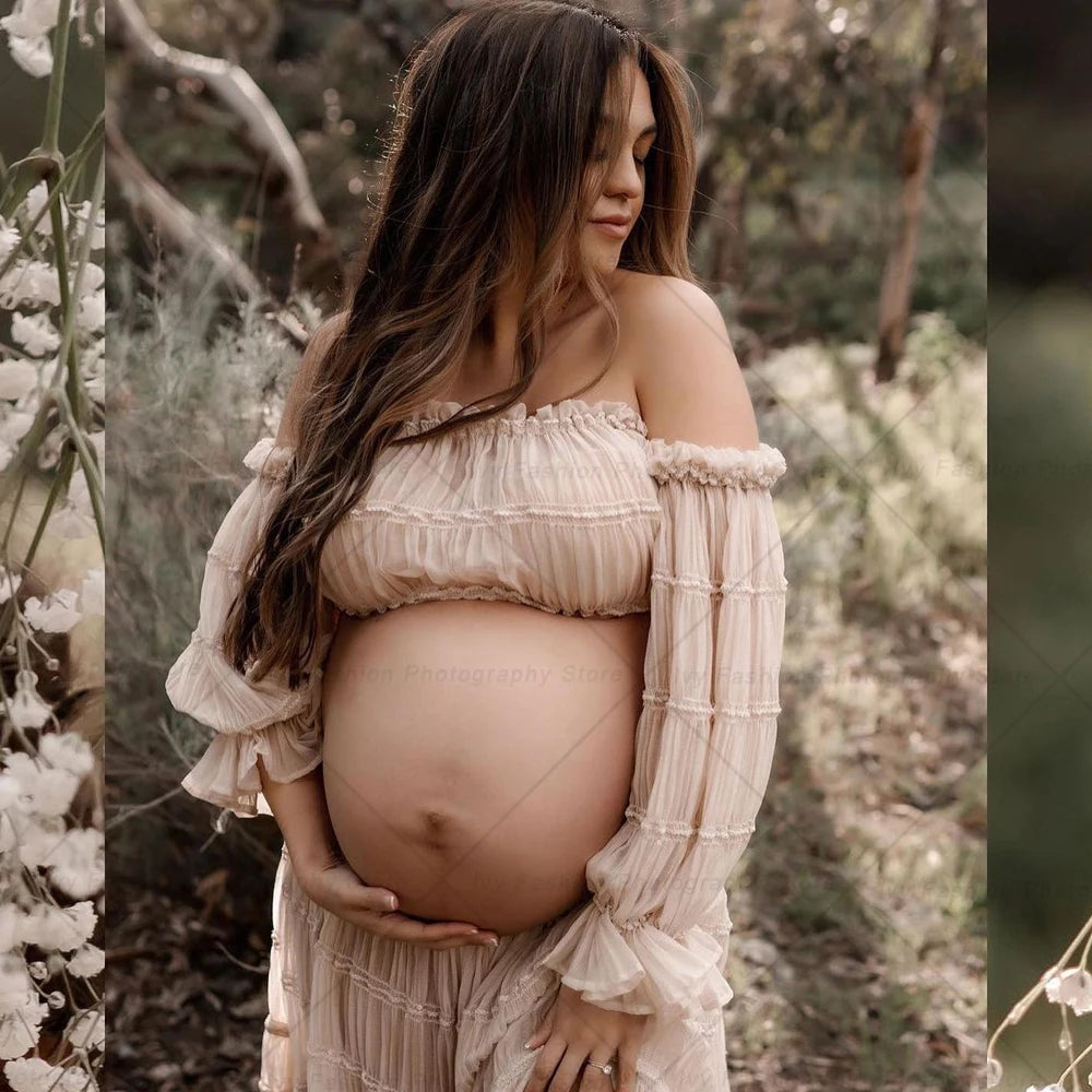 Maternity Pleated Chiffon Long Sleeve Off Shoulder Four Piece Boho Style Dress