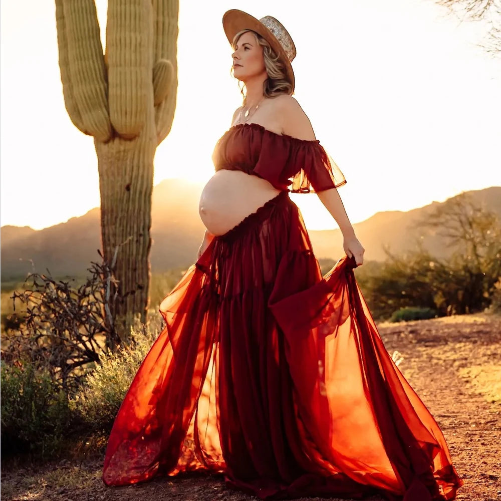Solid Color ChiffonMaternity Dress Off The Shoulder Elastic Strapless Short Sleeved Dress Suitable For Female Photography