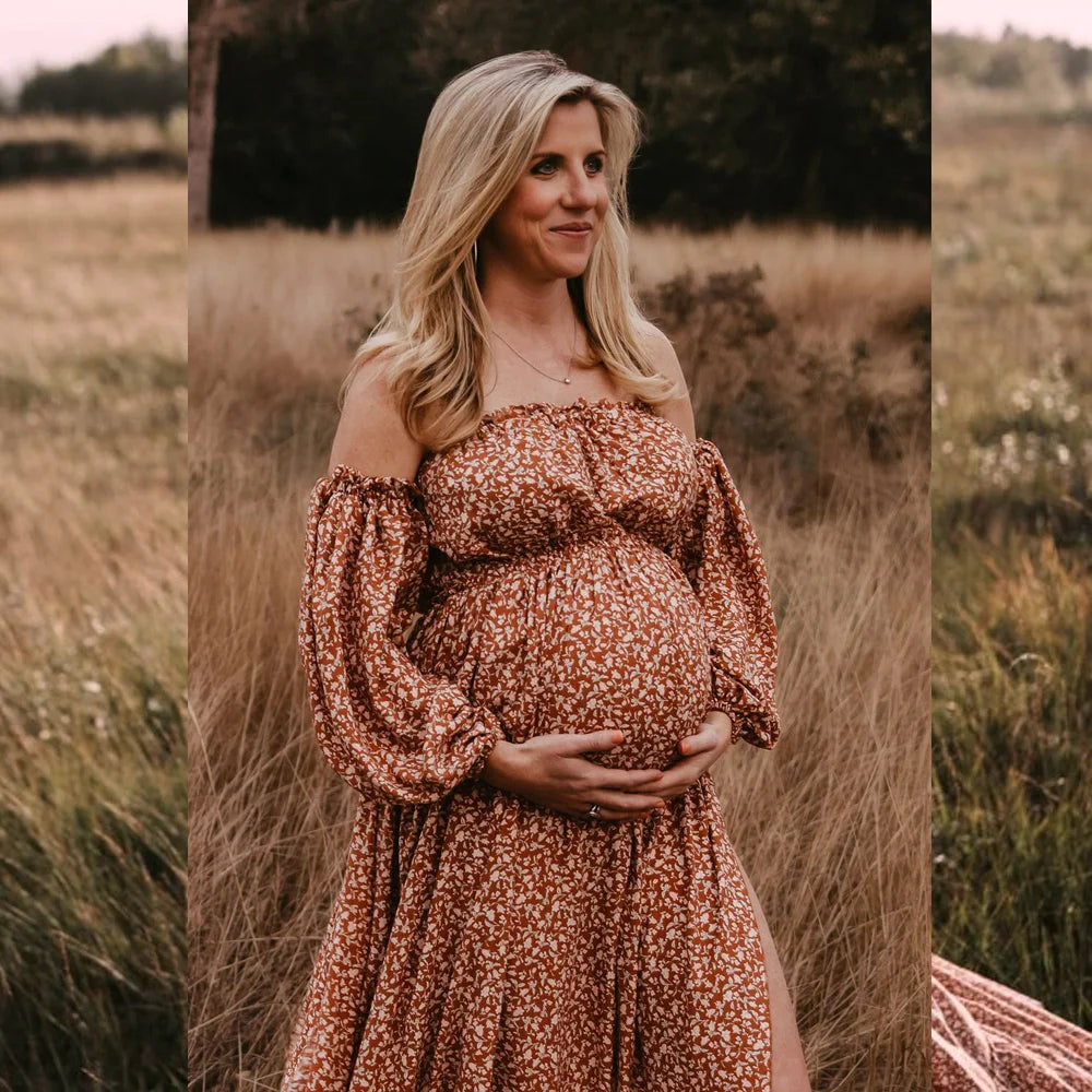 Bohemian Photo Shooting Pregnancy Dress Off Shoulder Long Sleeved Floral Dress For Women Maternity Dress For Photo Shoot