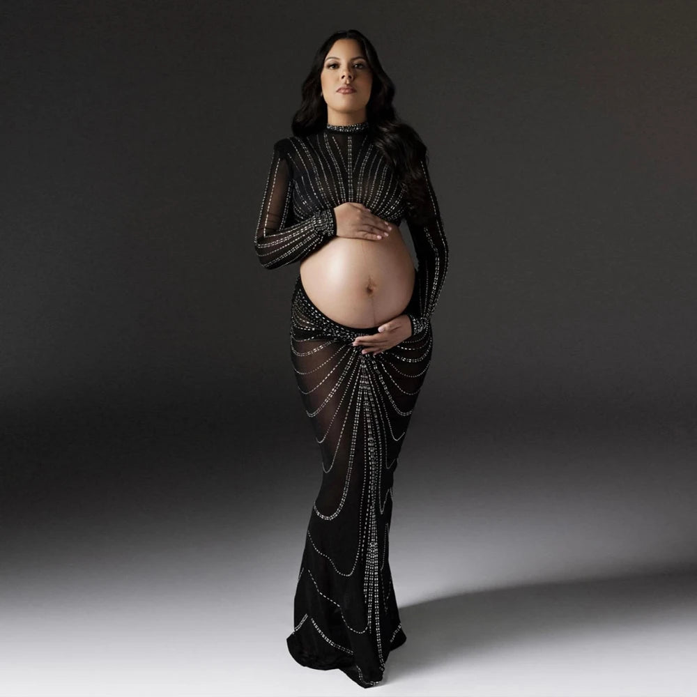 Maternity Party Elastic Mesh Nail Drill Dress