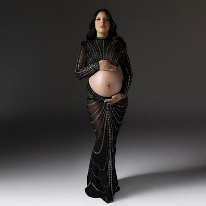 Maternity Party Elastic Mesh Nail Drill Dress