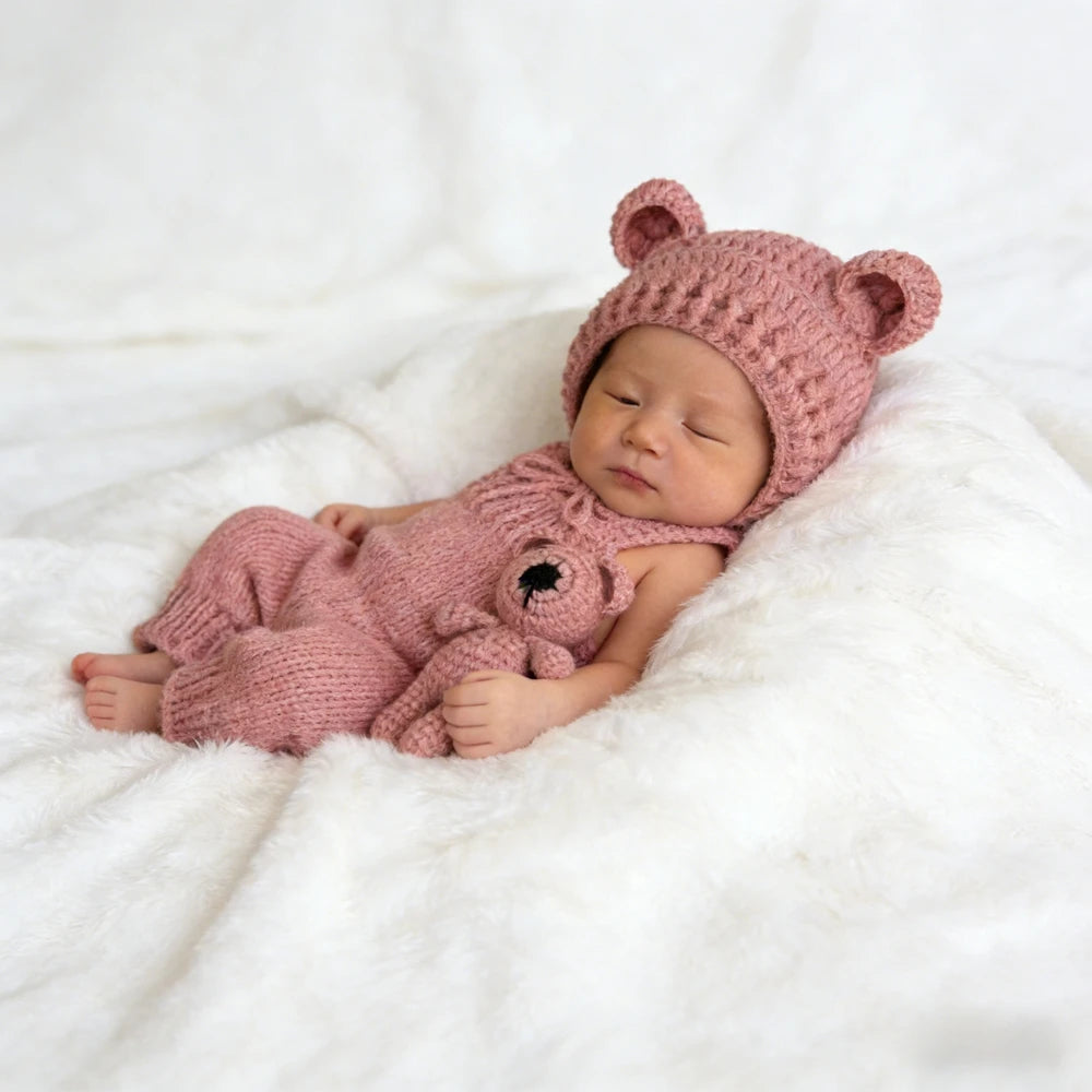 Bear Baby Costume Crochet Hat Romper Newborn Studio Soft Handmade